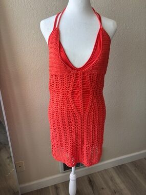 Fashion Nova Crochet Halter Swim Cover-Up in Coral Red